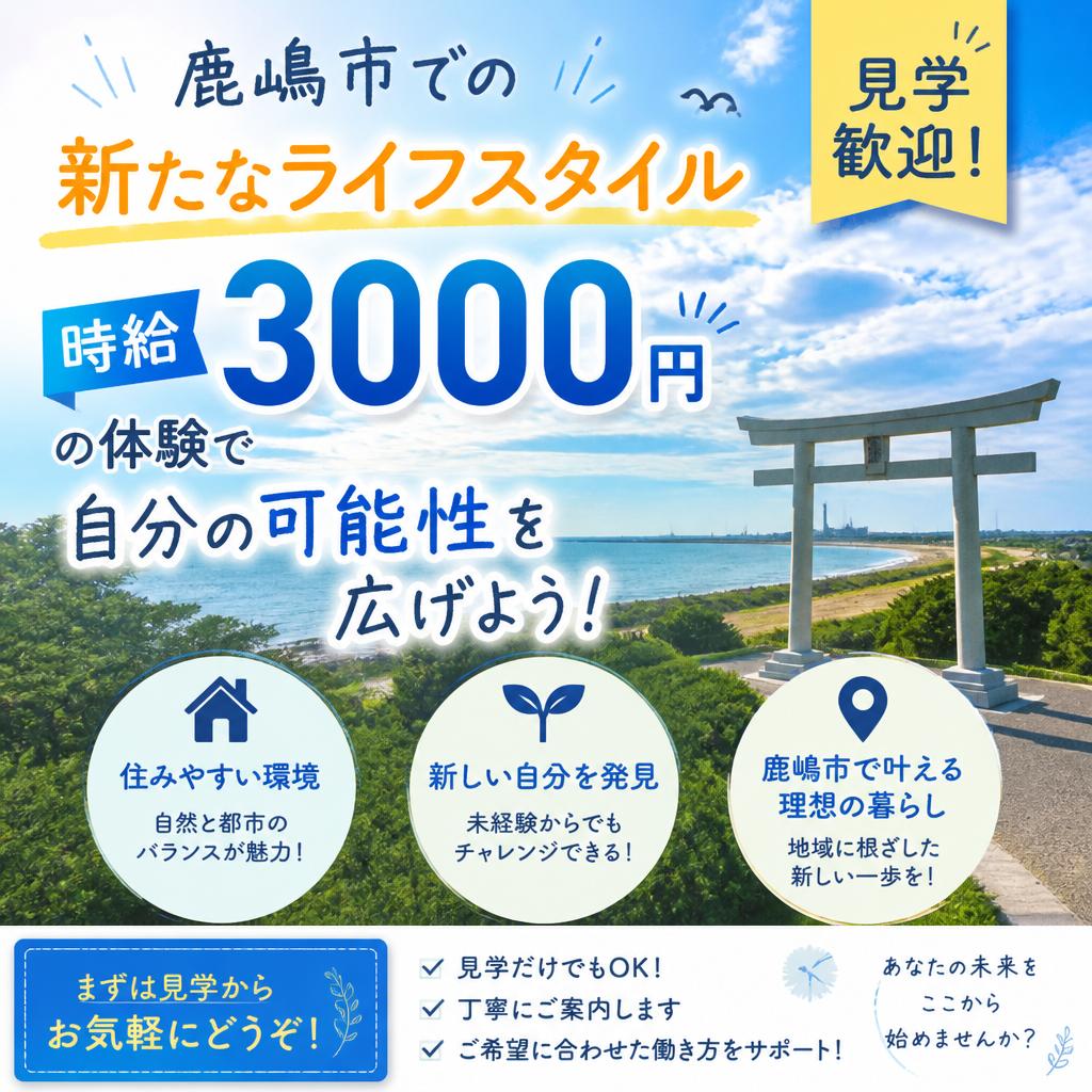 鹿嶋市での新たなライフスタイル、見学歓迎！時給3000円の体験で自分の可能性を広げよう！