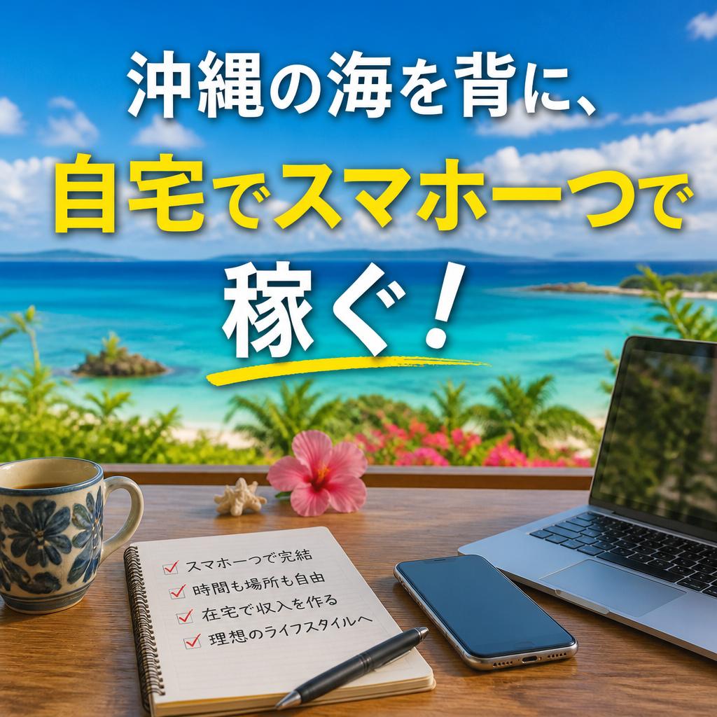 沖縄の海を背に、自宅でスマホ一つで稼ぐ！