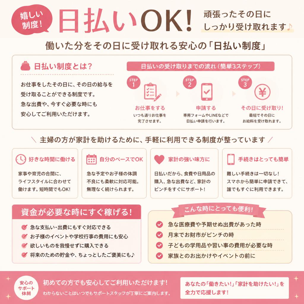 2. 日払いの安心感と主婦に優しい制度