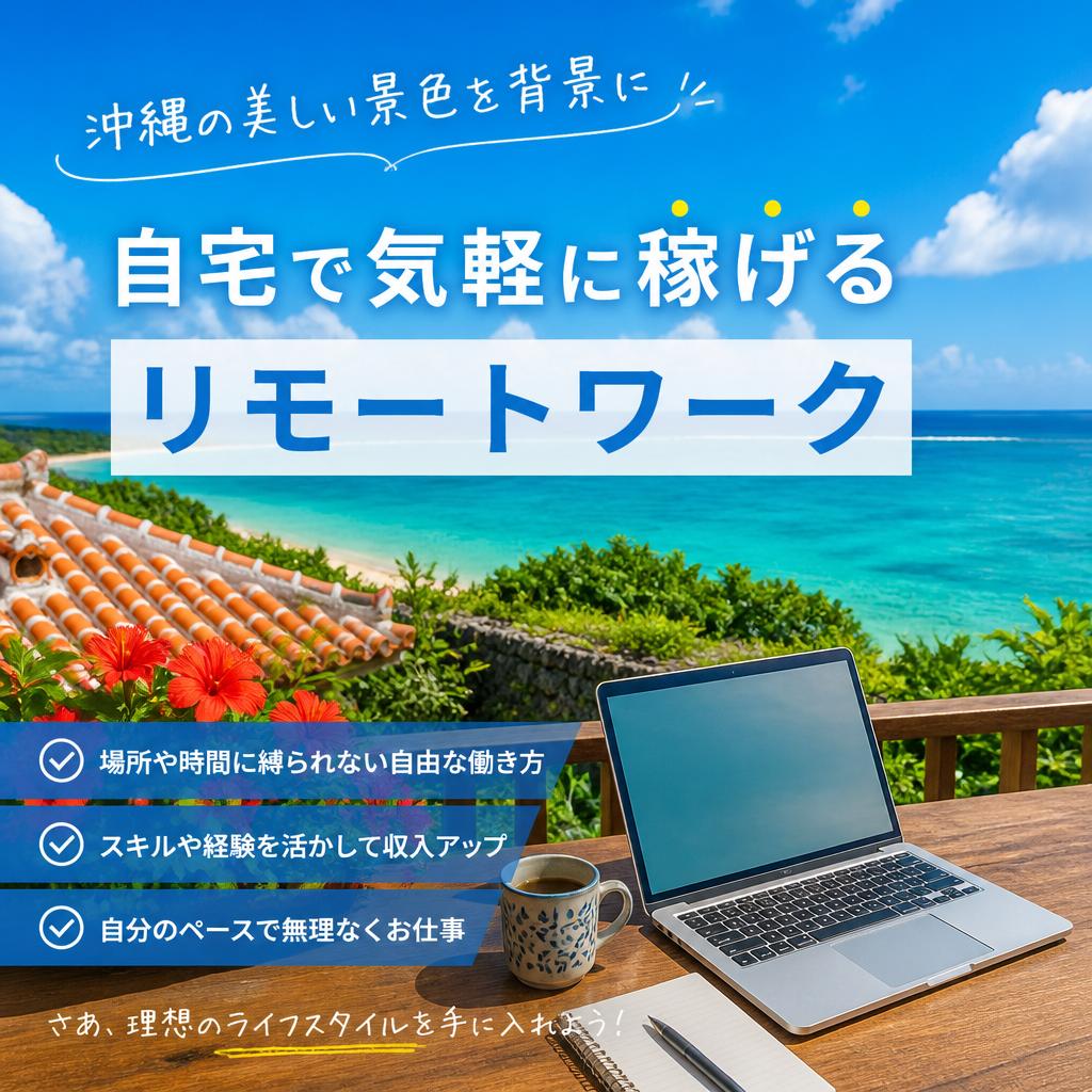 沖縄の美しい景色を背景に、自宅で気軽に稼げるリモートワーク