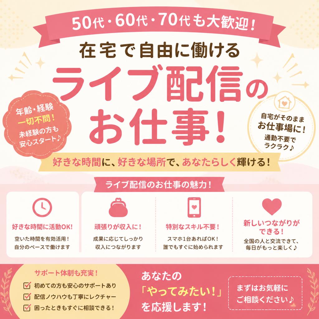 50代・60代・70代も大歓迎！在宅で自由に働けるライブ配信のお仕事！