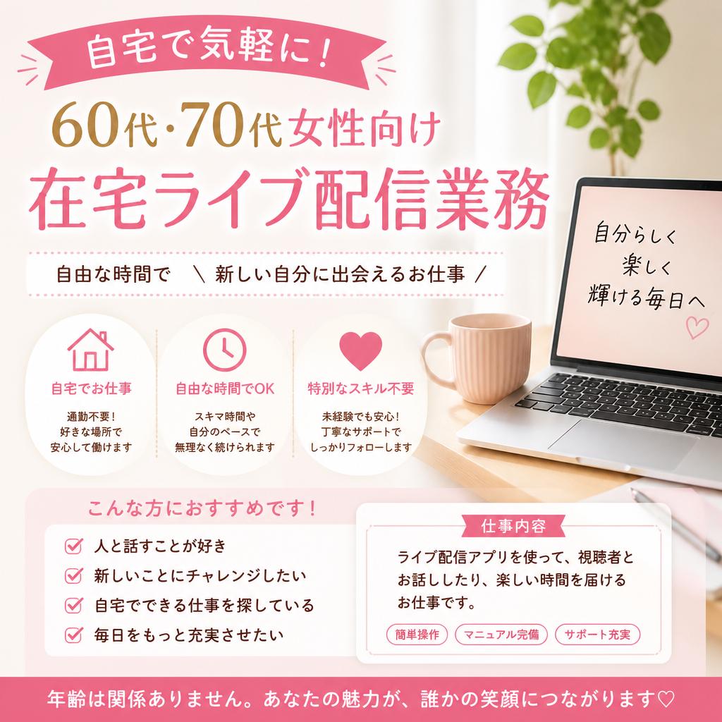 自宅で気軽に！60代・70代女性向けの在宅ライブ配信業務